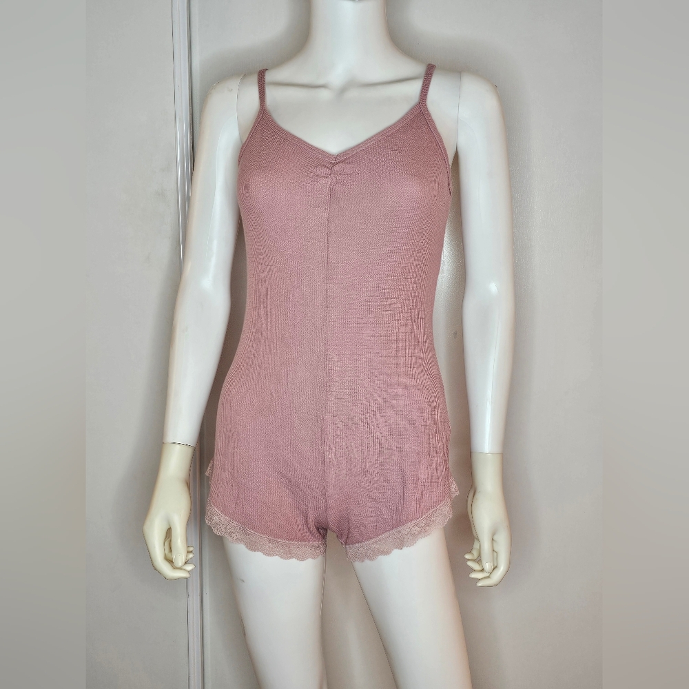 Women's Pink Lace Trim Romper Pajamas Sleepwear Size S